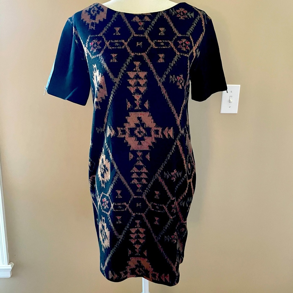 Sandro Aztec Dress with Leather Trim, Size large